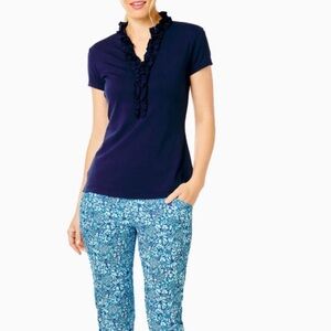Lilly Pulitzer UPF 50+ Luxletic Frida Ruffle Polo Top Navy Blue S